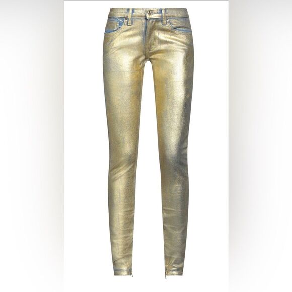 TRE Natalie Ratabesi Gold Edith Metallic Coated Slim Jeans Low Rise Sz 26 NWT - Picture 3 of 8